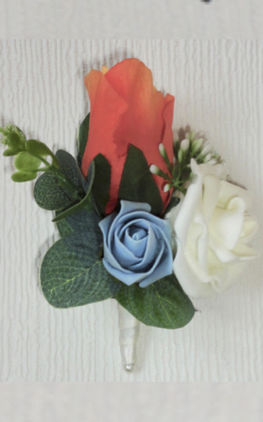 Orange, Blue & Ivory Rose & Rose Bud Buttonhole